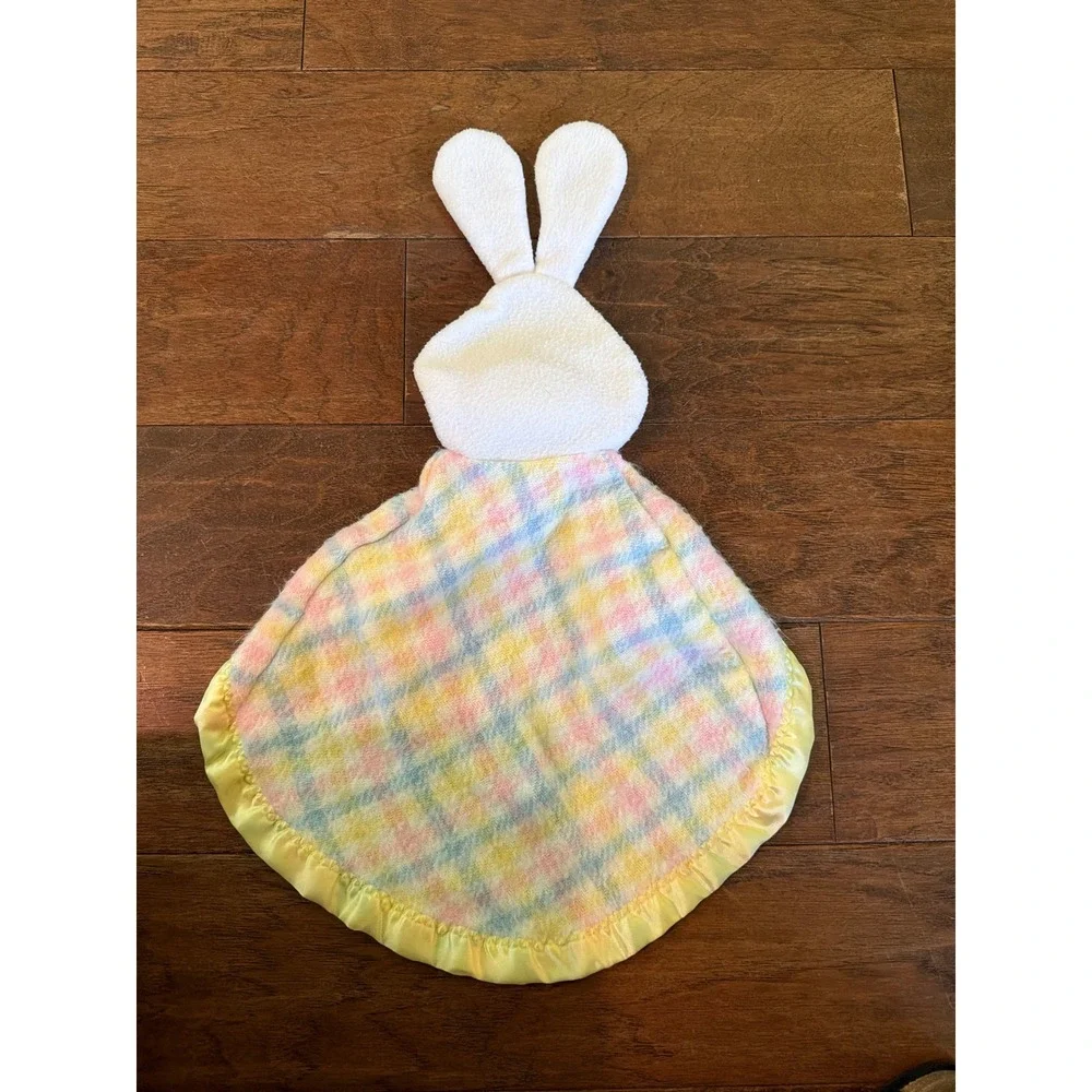 Fisher Price Vintage Bunny Lovey Security Blanket Pastel Plaid Satin Ruffle